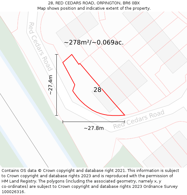 28, RED CEDARS ROAD, ORPINGTON, BR6 0BX: Plot and title map