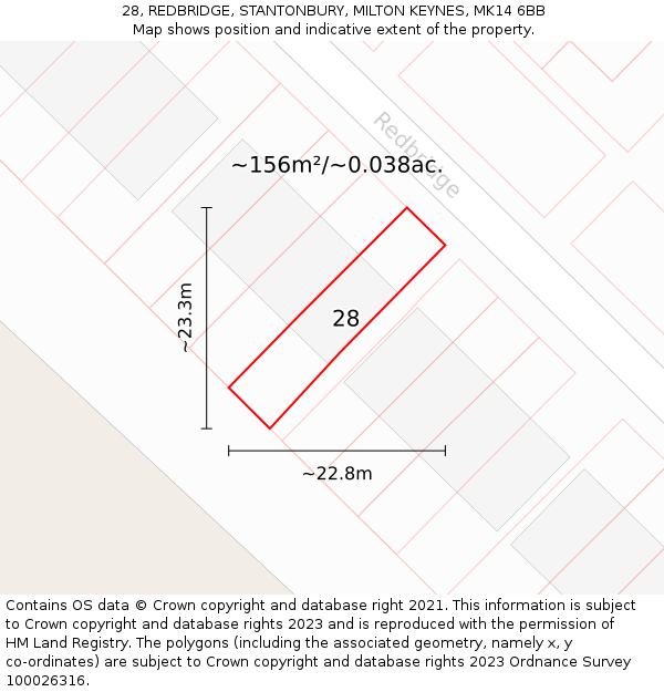 28, REDBRIDGE, STANTONBURY, MILTON KEYNES, MK14 6BB: Plot and title map