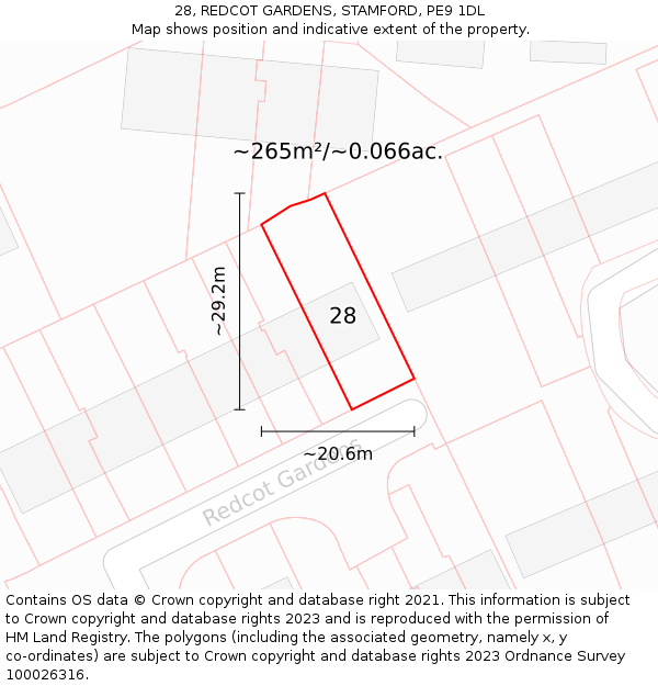 28, REDCOT GARDENS, STAMFORD, PE9 1DL: Plot and title map