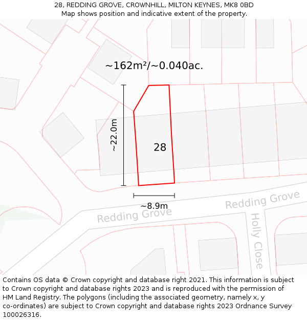 28, REDDING GROVE, CROWNHILL, MILTON KEYNES, MK8 0BD: Plot and title map