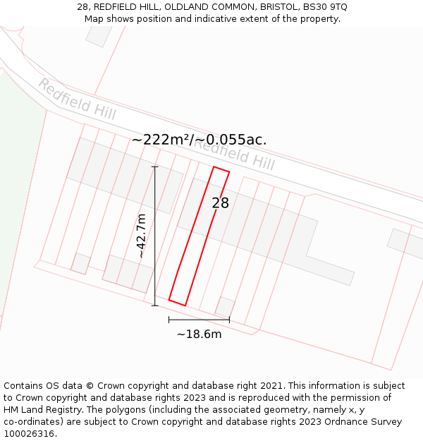 28, REDFIELD HILL, OLDLAND COMMON, BRISTOL, BS30 9TQ: Plot and title map