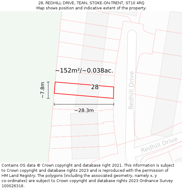 28, REDHILL DRIVE, TEAN, STOKE-ON-TRENT, ST10 4RQ: Plot and title map