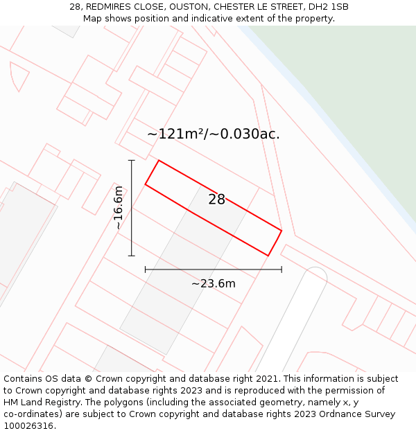 28, REDMIRES CLOSE, OUSTON, CHESTER LE STREET, DH2 1SB: Plot and title map