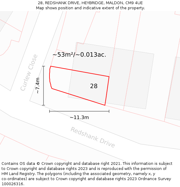 28, REDSHANK DRIVE, HEYBRIDGE, MALDON, CM9 4UE: Plot and title map