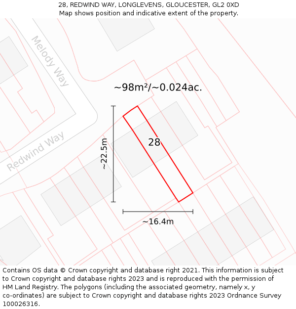 28, REDWIND WAY, LONGLEVENS, GLOUCESTER, GL2 0XD: Plot and title map
