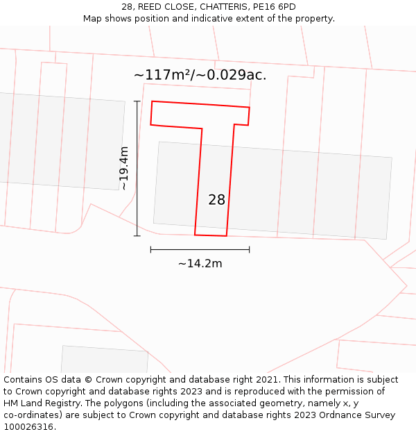 28, REED CLOSE, CHATTERIS, PE16 6PD: Plot and title map