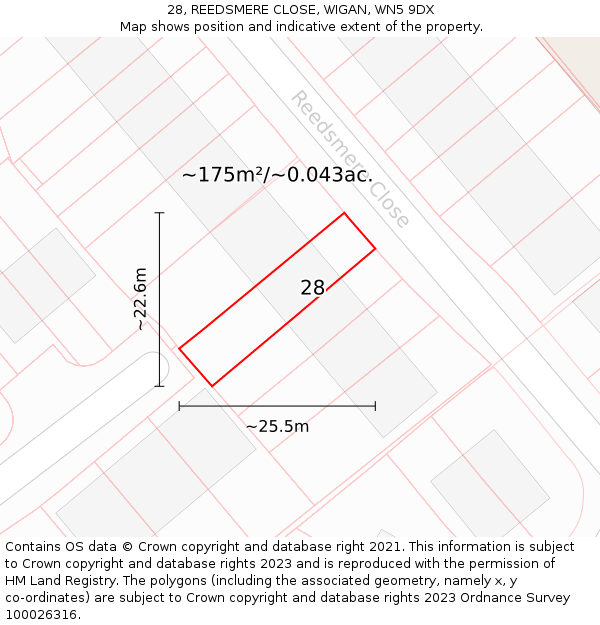 28, REEDSMERE CLOSE, WIGAN, WN5 9DX: Plot and title map