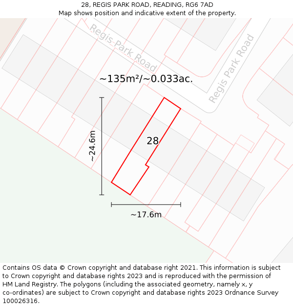 28, REGIS PARK ROAD, READING, RG6 7AD: Plot and title map