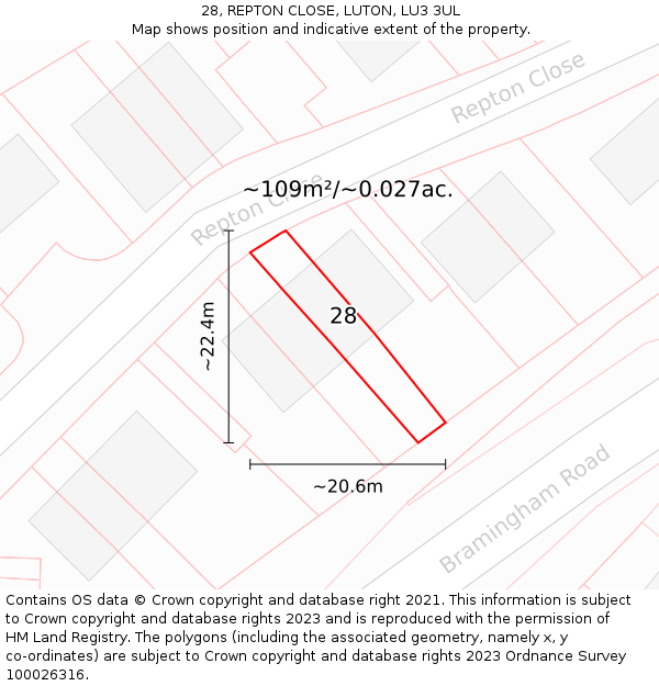28, REPTON CLOSE, LUTON, LU3 3UL: Plot and title map