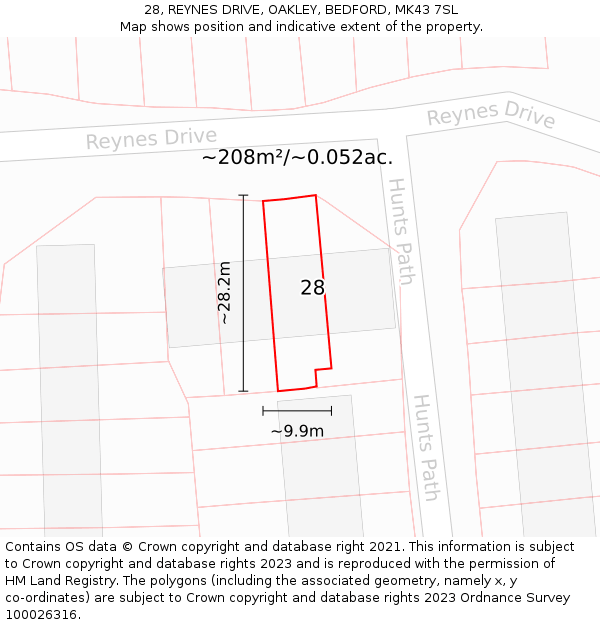 28, REYNES DRIVE, OAKLEY, BEDFORD, MK43 7SL: Plot and title map