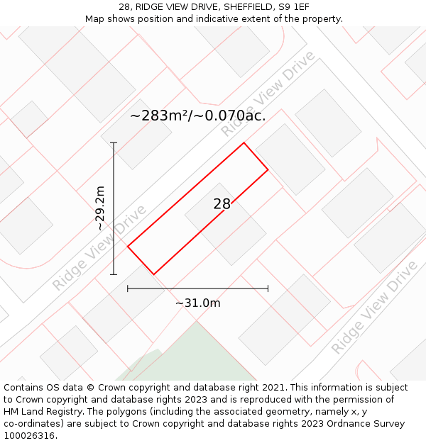28, RIDGE VIEW DRIVE, SHEFFIELD, S9 1EF: Plot and title map