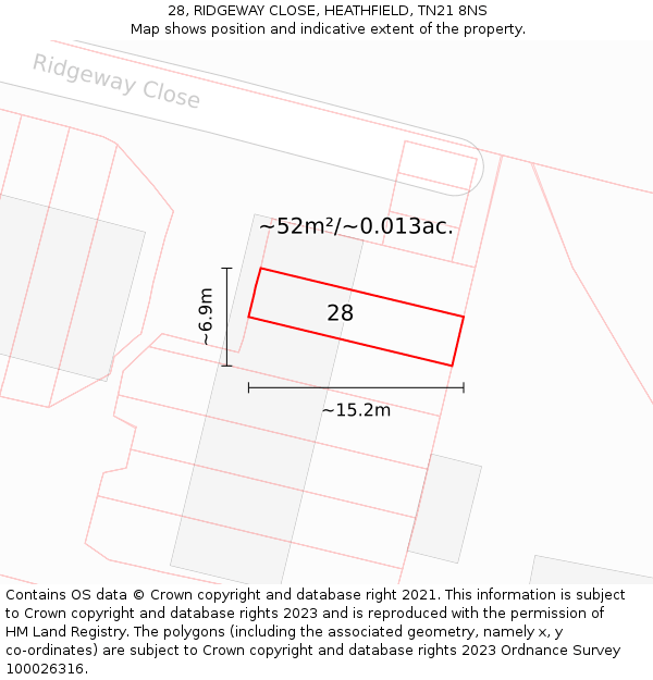 28, RIDGEWAY CLOSE, HEATHFIELD, TN21 8NS: Plot and title map