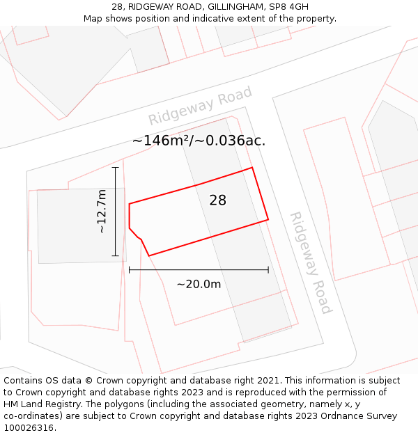 28, RIDGEWAY ROAD, GILLINGHAM, SP8 4GH: Plot and title map