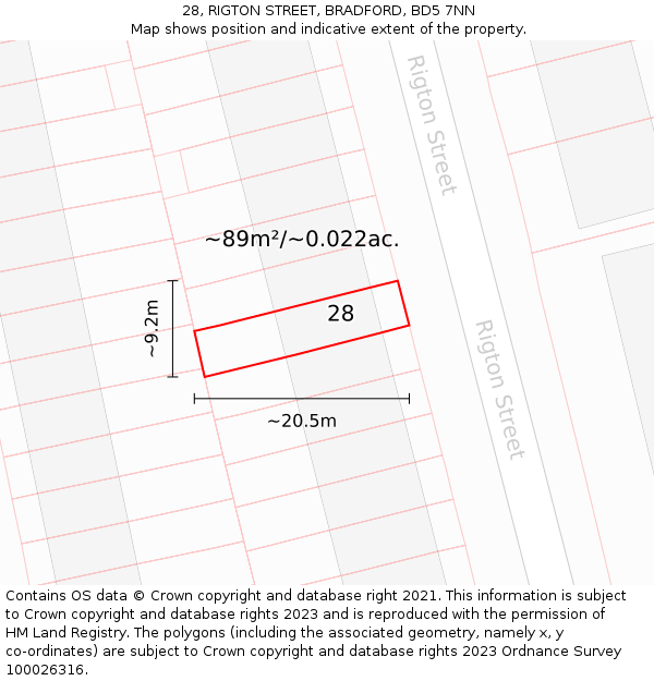 28, RIGTON STREET, BRADFORD, BD5 7NN: Plot and title map