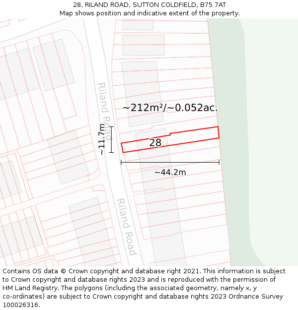 28, RILAND ROAD, SUTTON COLDFIELD, B75 7AT: Plot and title map