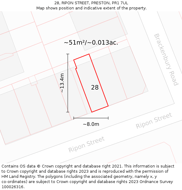28, RIPON STREET, PRESTON, PR1 7UL: Plot and title map