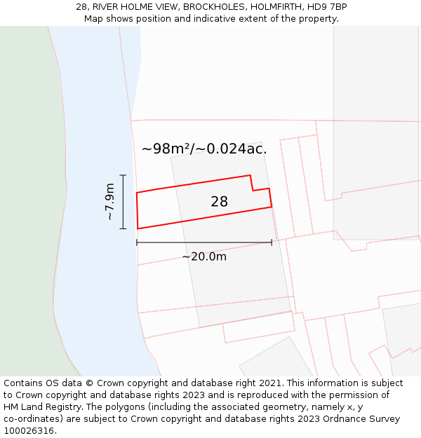 28, RIVER HOLME VIEW, BROCKHOLES, HOLMFIRTH, HD9 7BP: Plot and title map