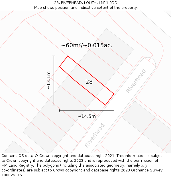 28, RIVERHEAD, LOUTH, LN11 0DD: Plot and title map