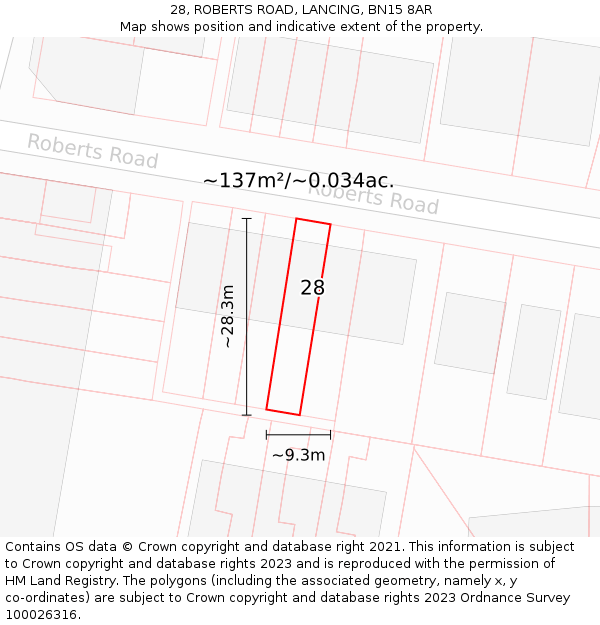 28, ROBERTS ROAD, LANCING, BN15 8AR: Plot and title map
