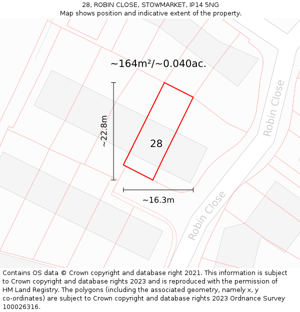 28, ROBIN CLOSE, STOWMARKET, IP14 5NG: Plot and title map