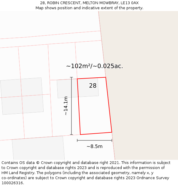 28, ROBIN CRESCENT, MELTON MOWBRAY, LE13 0AX: Plot and title map