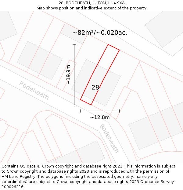 28, RODEHEATH, LUTON, LU4 9XA: Plot and title map