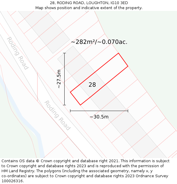 28, RODING ROAD, LOUGHTON, IG10 3ED: Plot and title map