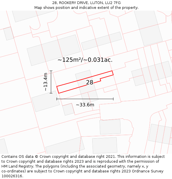 28, ROOKERY DRIVE, LUTON, LU2 7FG: Plot and title map