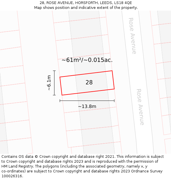 28, ROSE AVENUE, HORSFORTH, LEEDS, LS18 4QE: Plot and title map
