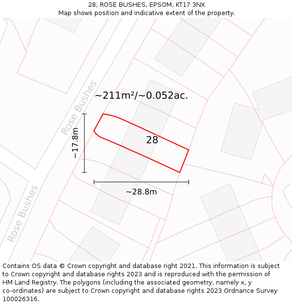 28, ROSE BUSHES, EPSOM, KT17 3NX: Plot and title map
