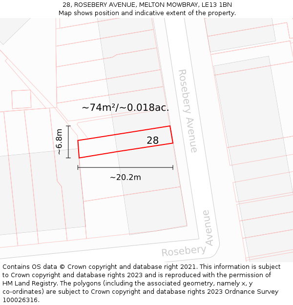 28, ROSEBERY AVENUE, MELTON MOWBRAY, LE13 1BN: Plot and title map