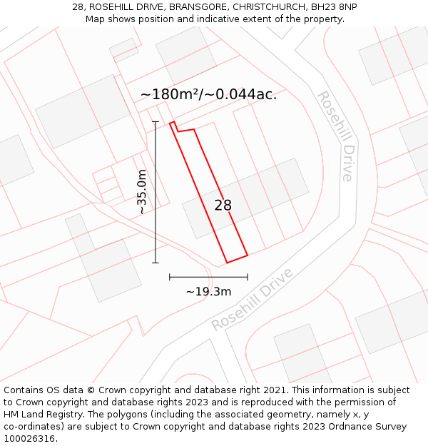 28, ROSEHILL DRIVE, BRANSGORE, CHRISTCHURCH, BH23 8NP: Plot and title map