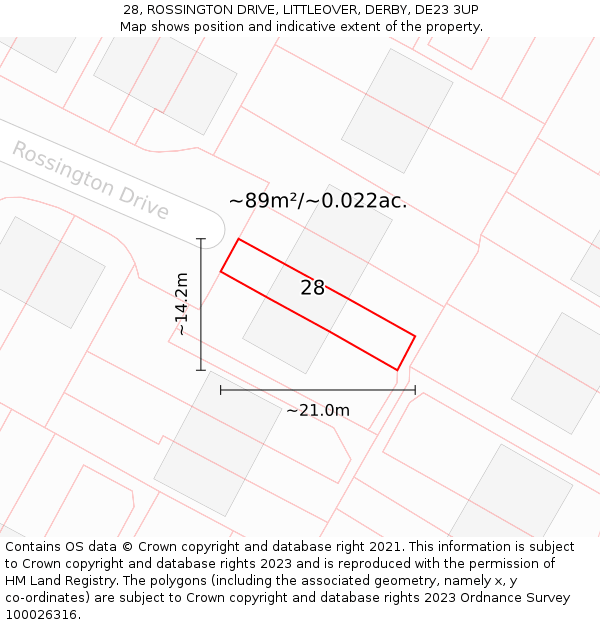 28, ROSSINGTON DRIVE, LITTLEOVER, DERBY, DE23 3UP: Plot and title map