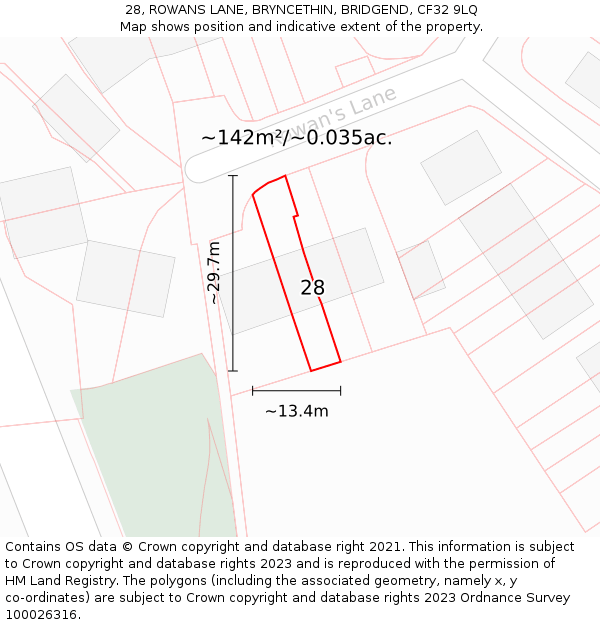 28, ROWANS LANE, BRYNCETHIN, BRIDGEND, CF32 9LQ: Plot and title map