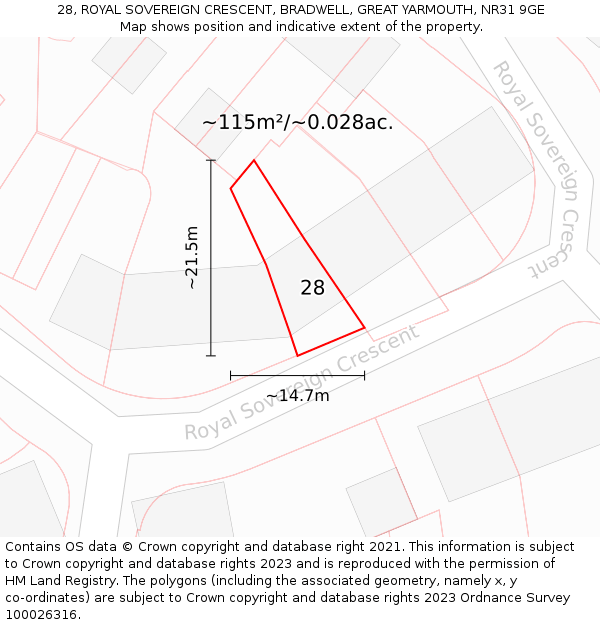28, ROYAL SOVEREIGN CRESCENT, BRADWELL, GREAT YARMOUTH, NR31 9GE: Plot and title map