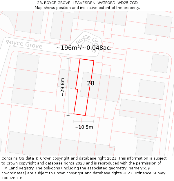 28, ROYCE GROVE, LEAVESDEN, WATFORD, WD25 7GD: Plot and title map