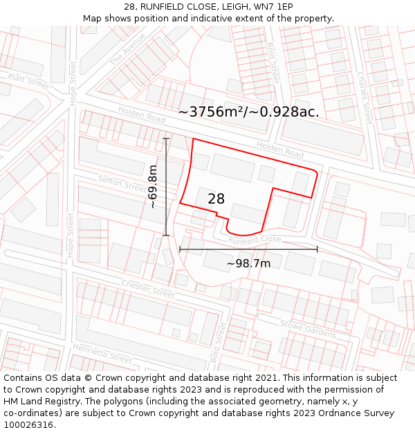 28, RUNFIELD CLOSE, LEIGH, WN7 1EP: Plot and title map
