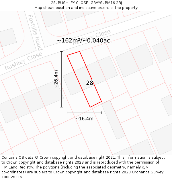 28, RUSHLEY CLOSE, GRAYS, RM16 2BJ: Plot and title map