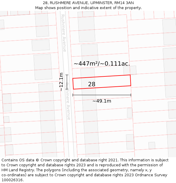 28, RUSHMERE AVENUE, UPMINSTER, RM14 3AN: Plot and title map
