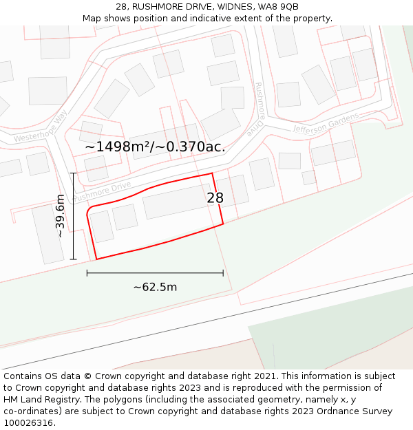 28, RUSHMORE DRIVE, WIDNES, WA8 9QB: Plot and title map