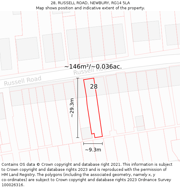 28, RUSSELL ROAD, NEWBURY, RG14 5LA: Plot and title map