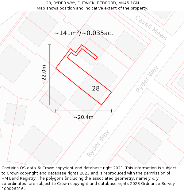28, RYDER WAY, FLITWICK, BEDFORD, MK45 1GN: Plot and title map