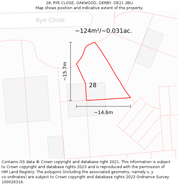 28, RYE CLOSE, OAKWOOD, DERBY, DE21 2BU: Plot and title map