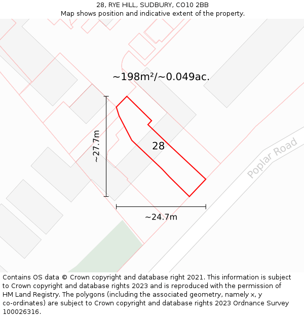 28, RYE HILL, SUDBURY, CO10 2BB: Plot and title map