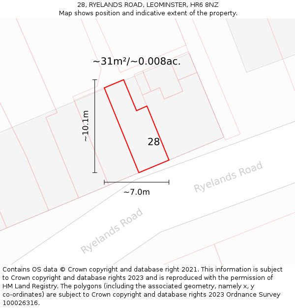 28, RYELANDS ROAD, LEOMINSTER, HR6 8NZ: Plot and title map