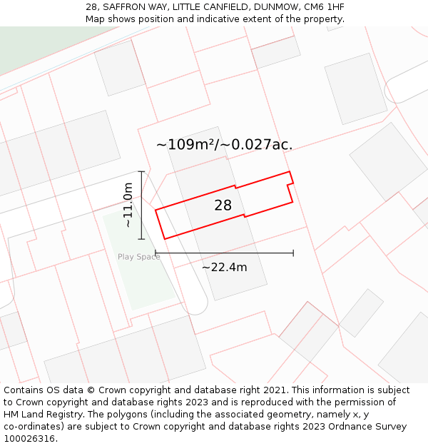 28, SAFFRON WAY, LITTLE CANFIELD, DUNMOW, CM6 1HF: Plot and title map