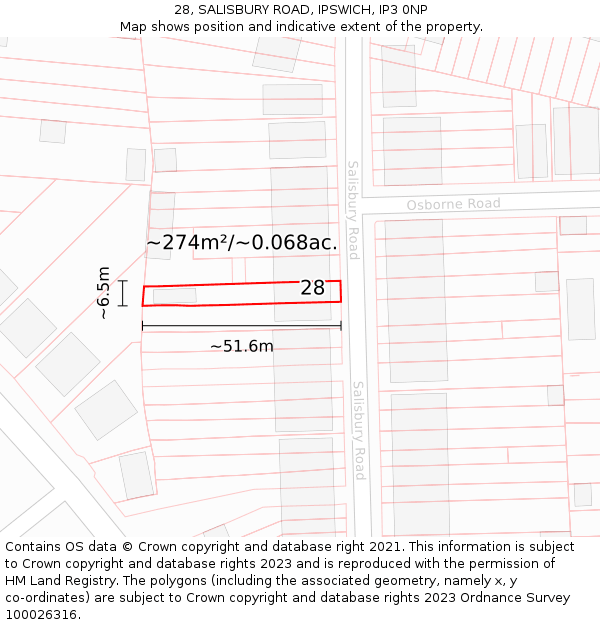 28, SALISBURY ROAD, IPSWICH, IP3 0NP: Plot and title map
