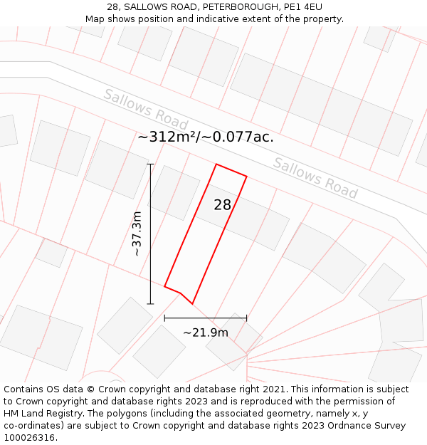 28, SALLOWS ROAD, PETERBOROUGH, PE1 4EU: Plot and title map