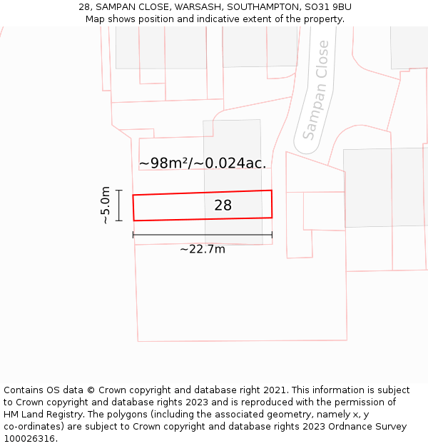 28, SAMPAN CLOSE, WARSASH, SOUTHAMPTON, SO31 9BU: Plot and title map