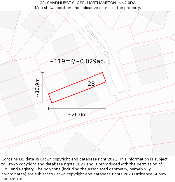 28, SANDHURST CLOSE, NORTHAMPTON, NN4 0DA: Plot and title map